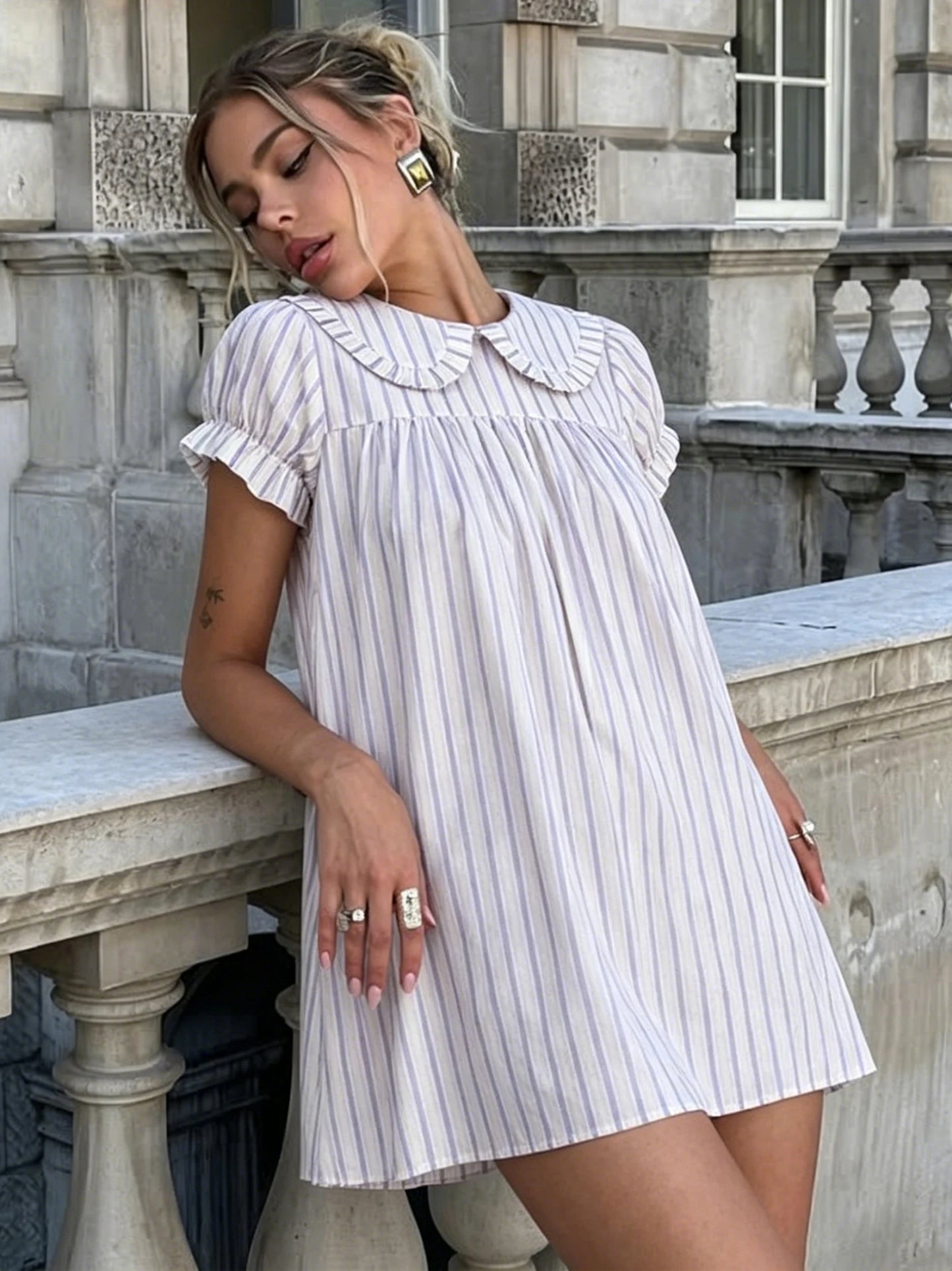 Ruffle Yoke Short Sleeve Relaxed A-Line Mini Dress with Vertical Stripe Design