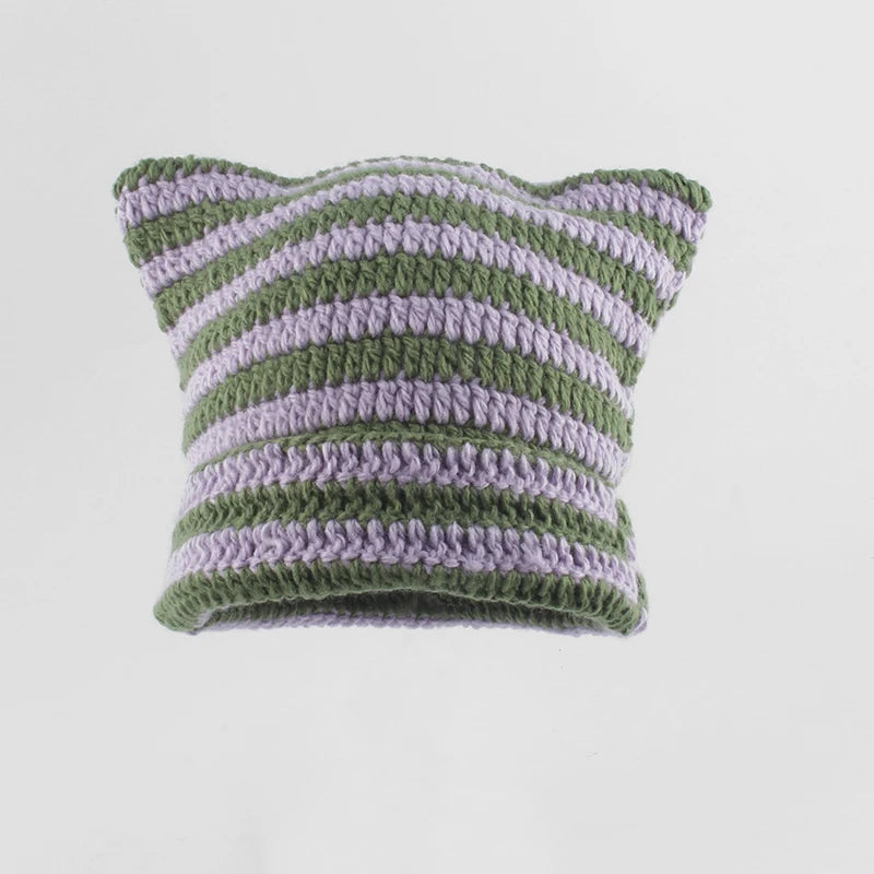 Striped Cat Ear Knit Beanie with Cotton Acrylic Blend for Playful Streetwear Fashion Style