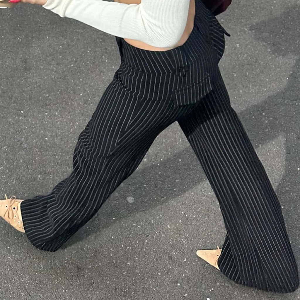 Low Rise Wide Leg Flared Casual Pants with Vertical Stripe Streetwear Style