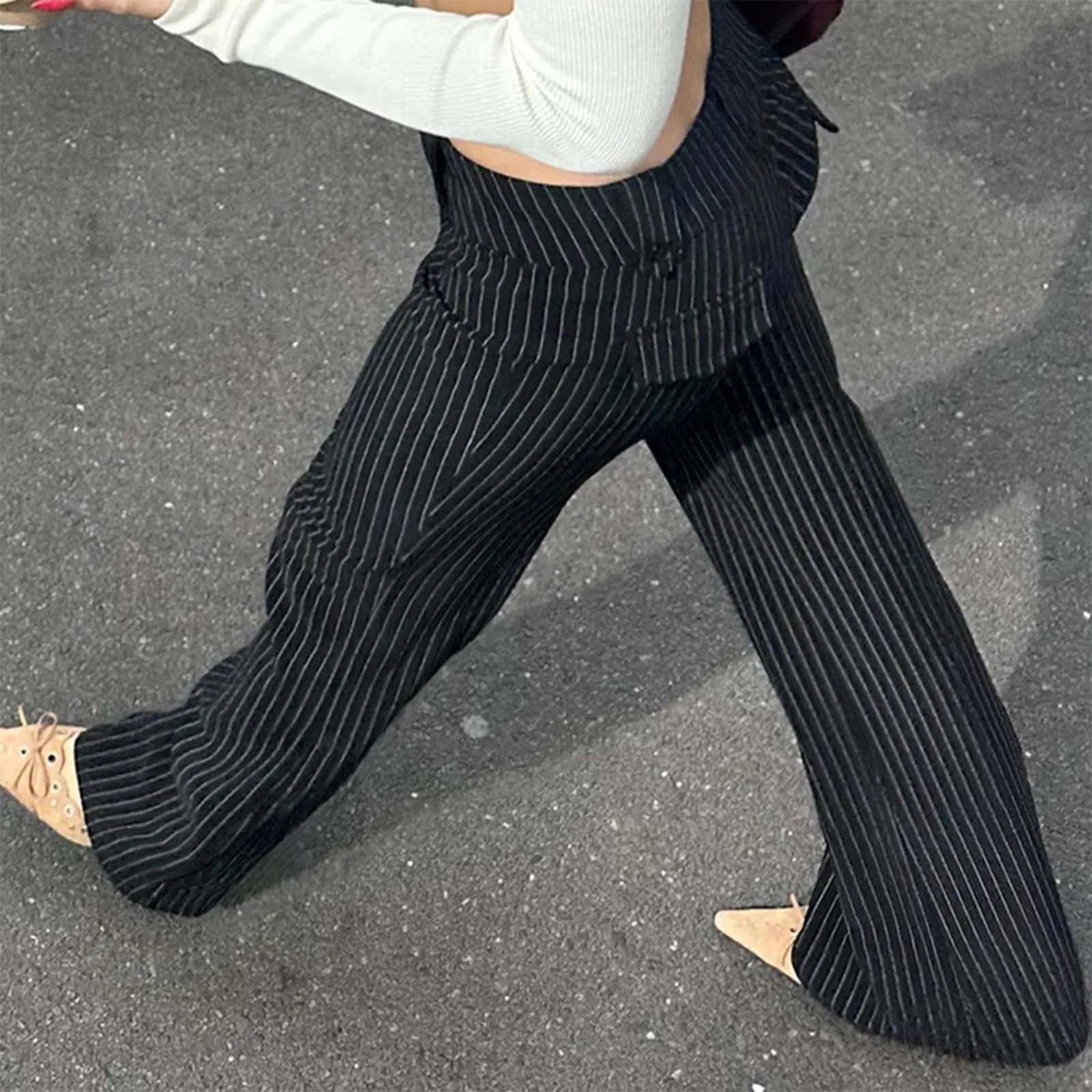 Low Rise Wide Leg Flared Casual Pants with Vertical Stripe Streetwear Style
