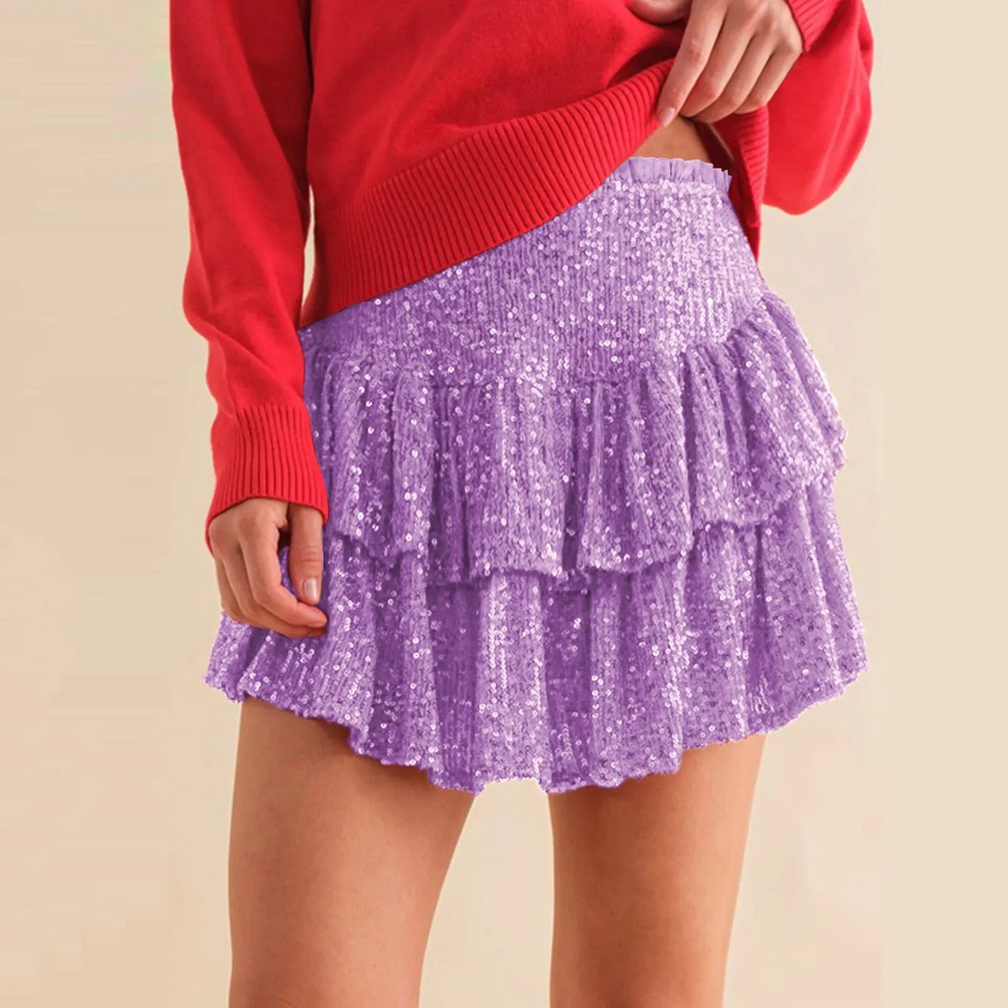 Sequin Tiered Mini Skirt with High Waist Flared Party Silhouette
