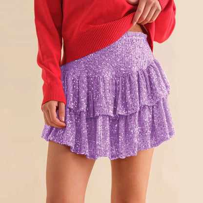 Sequin Tiered Mini Skirt with High Waist Flared Party Silhouette