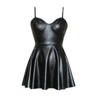Bold Black Faux Leather Flared Skater Mini Dress with Sweetheart Neckline