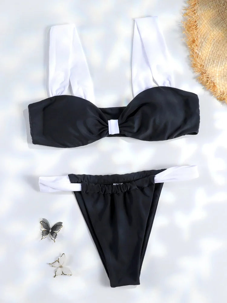 Leopard Print and Black Contrast Block Bikini Set with Wide Straps