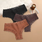 Three-Piece Ribbed Cotton-Blend Bikini Panty Set with Scalloped Lace Trim