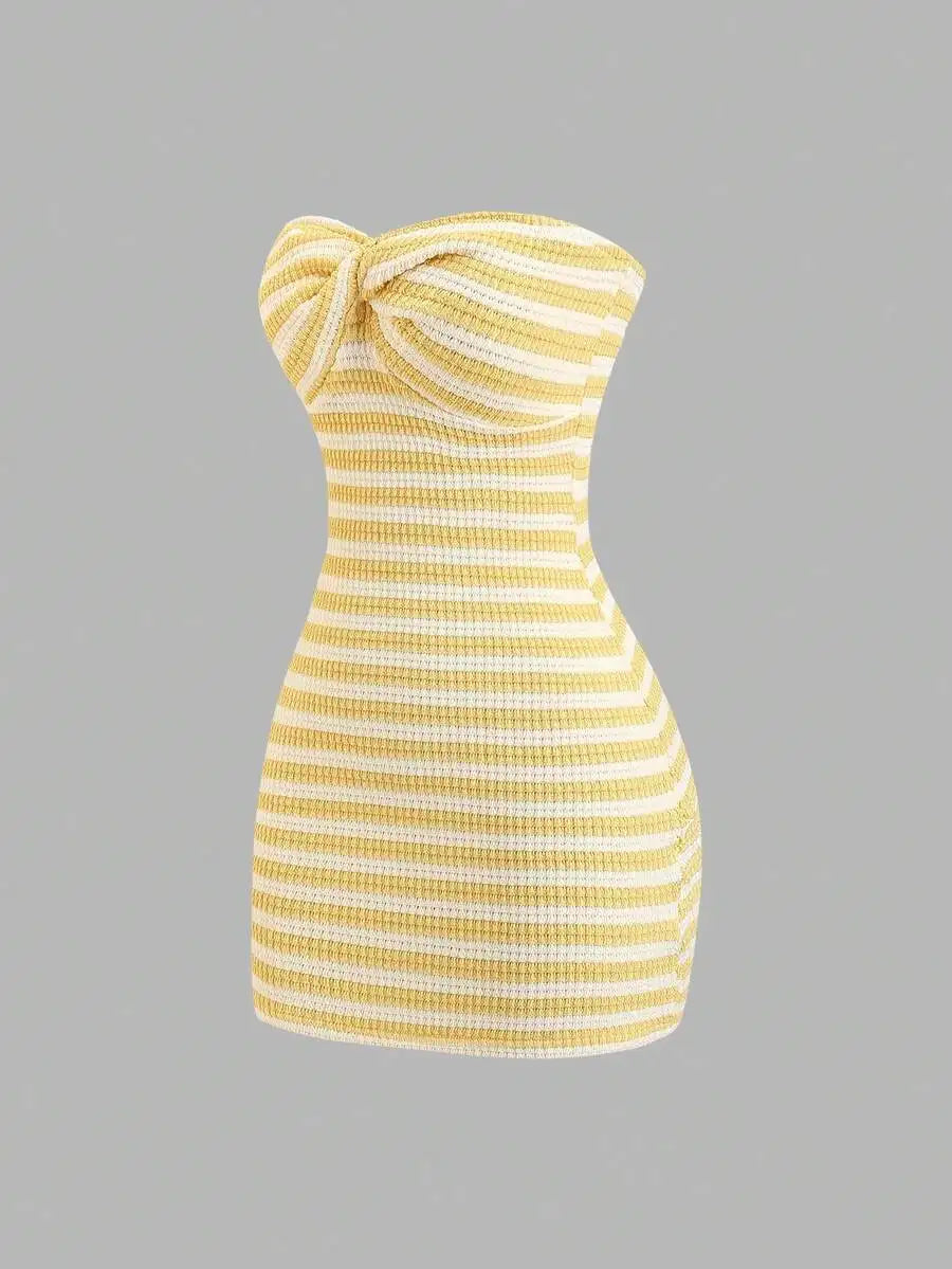 Striking Red and White Striped Strapless Bodycon Tube Dress