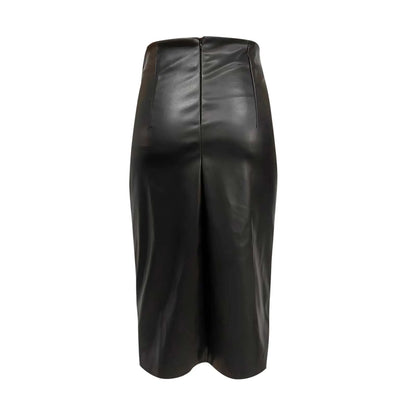 High Waist Faux Leather Midi Skirt with Side Slit Draped Detail