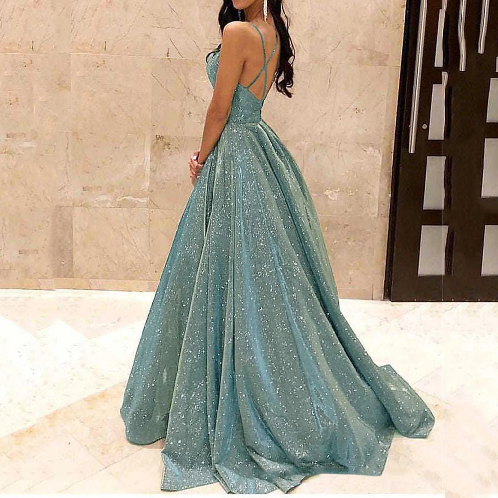 Glitter Finish Maxi Dress With Open Back And Full Movement