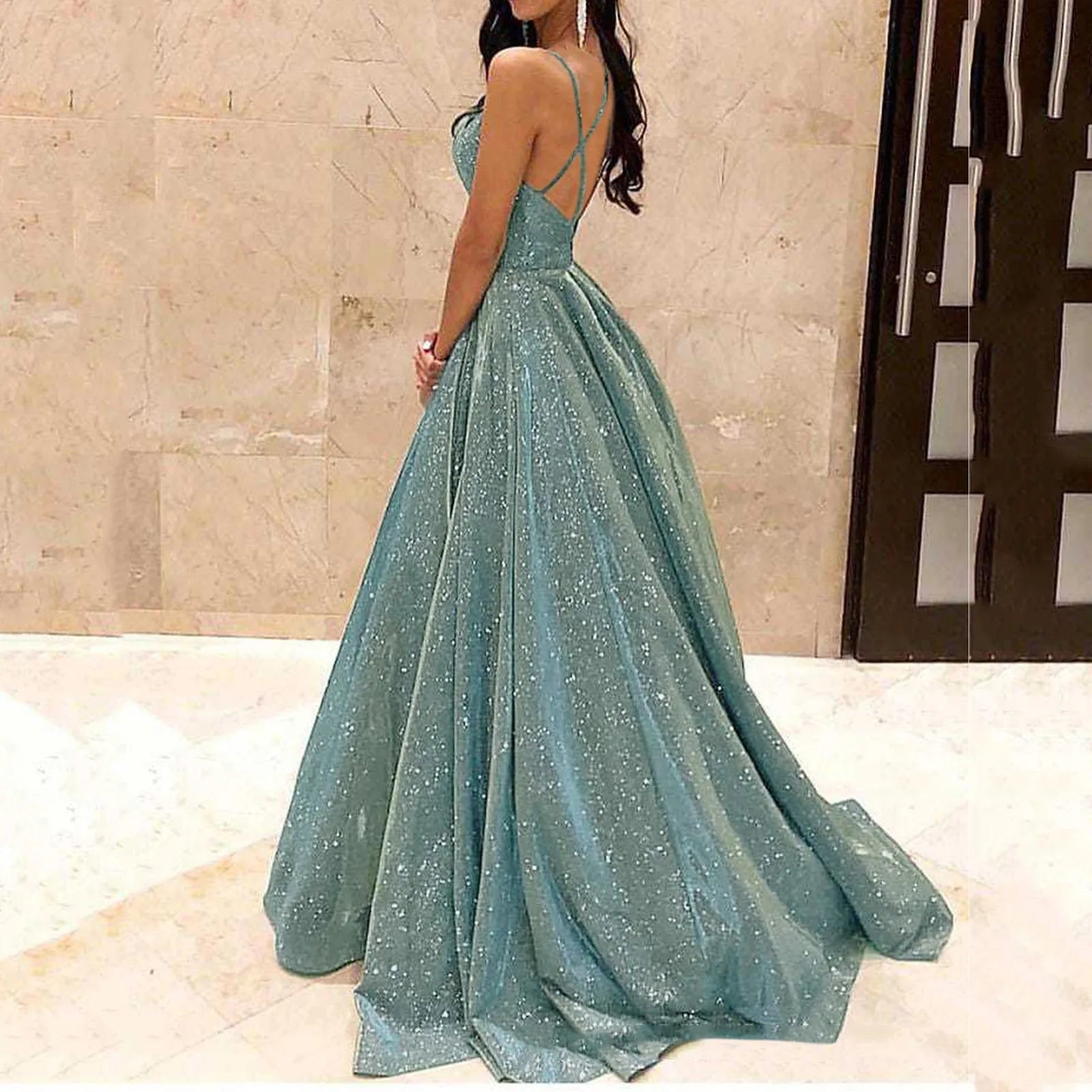 Glitter Finish Maxi Dress With Open Back And Full Movement