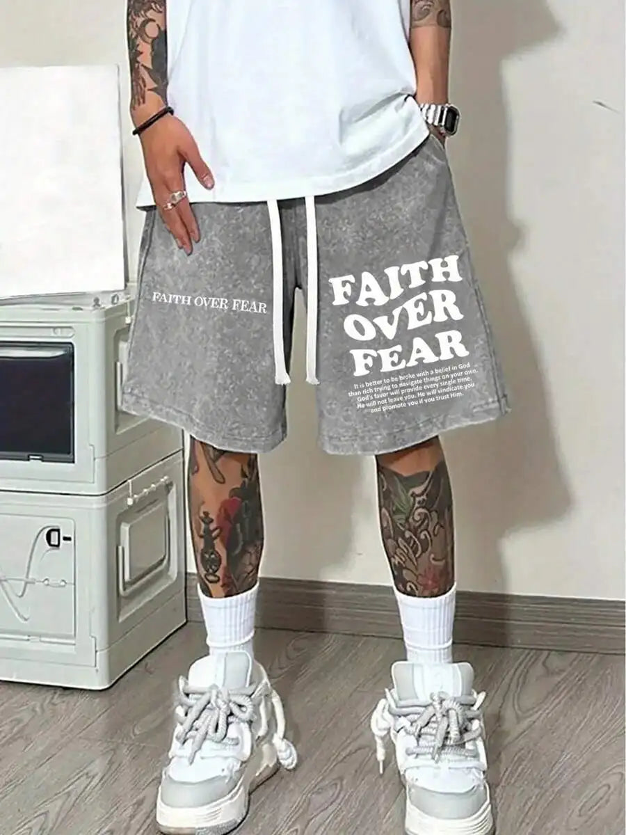 Men's Relaxed Cotton Drawstring Shorts with Vintage Washed Graphic Streetwear Style
