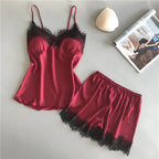 Sleek Satin-Finish Black Camisole and Shorts Sleep Set with Delicate Lace Trim
