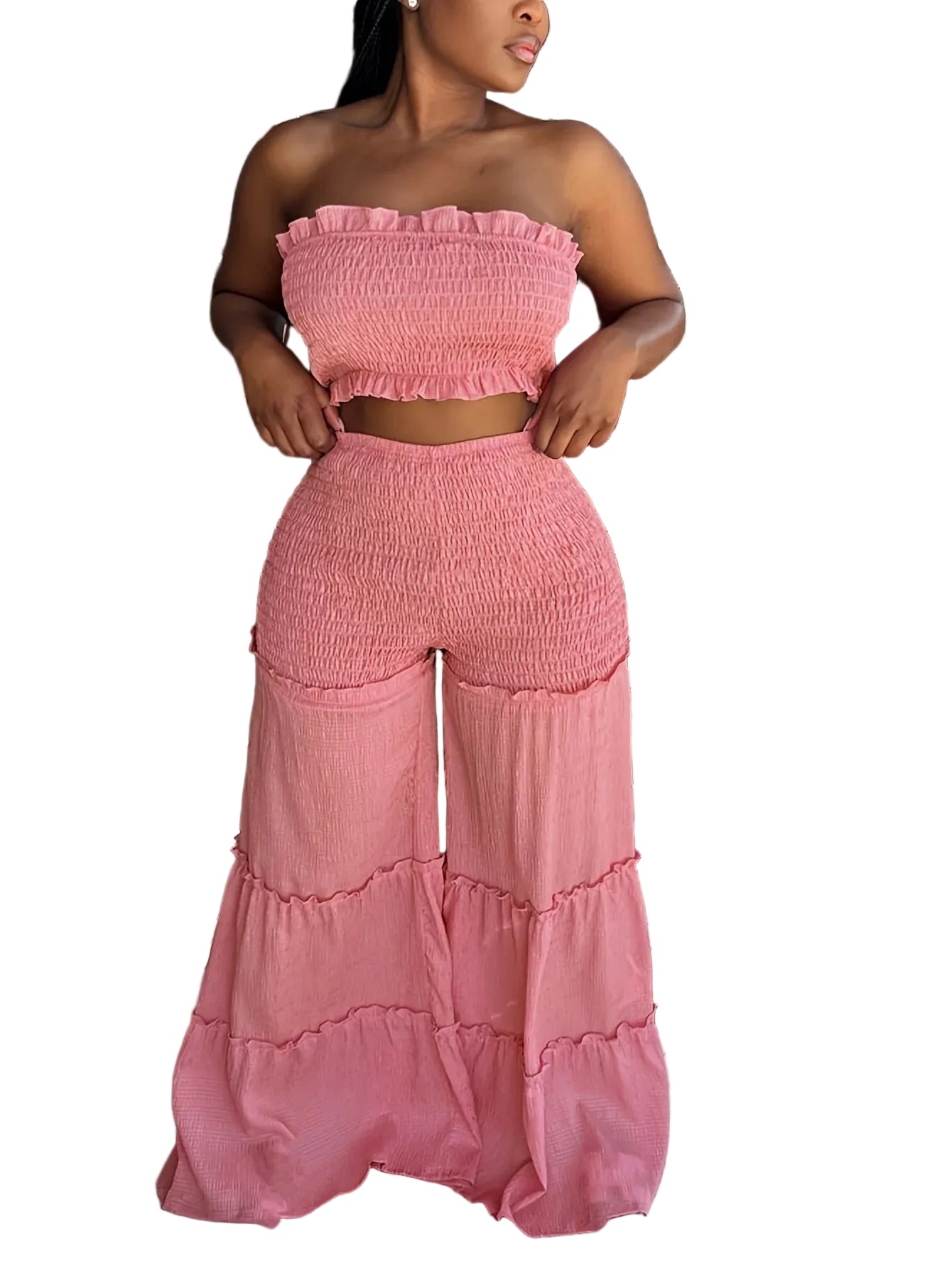 Women's Smocked Tube Top and Wide Leg Pants Co-Ord Set