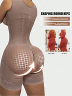 Mocha Open-Bust Shaping Bodysuit with Zip Closure and Lace Hem
