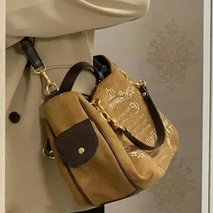 Vintage Inspired Graphic Tote Bag with Chain Accents Large Capacity Design