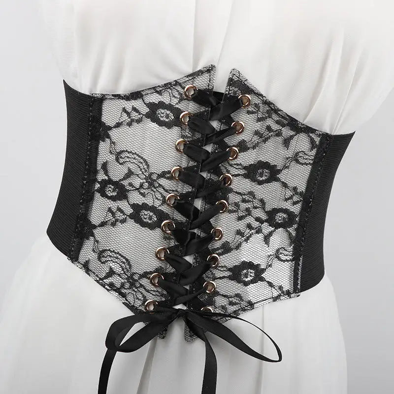 Floral Embroidered Lace-Up Waist Corset Belt with Structured Wide Fit