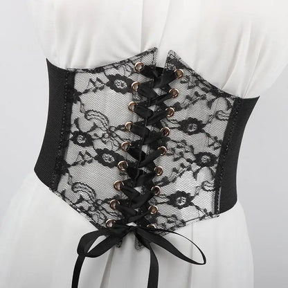 Floral Embroidered Lace-Up Waist Corset Belt with Structured Wide Fit