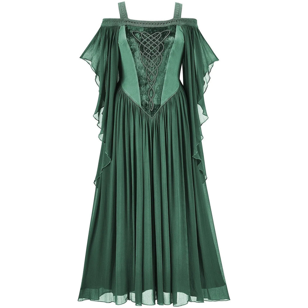 Ethereal Cold-Shoulder Fantasy Dress with Draped Sleeves and Corset Detailing
