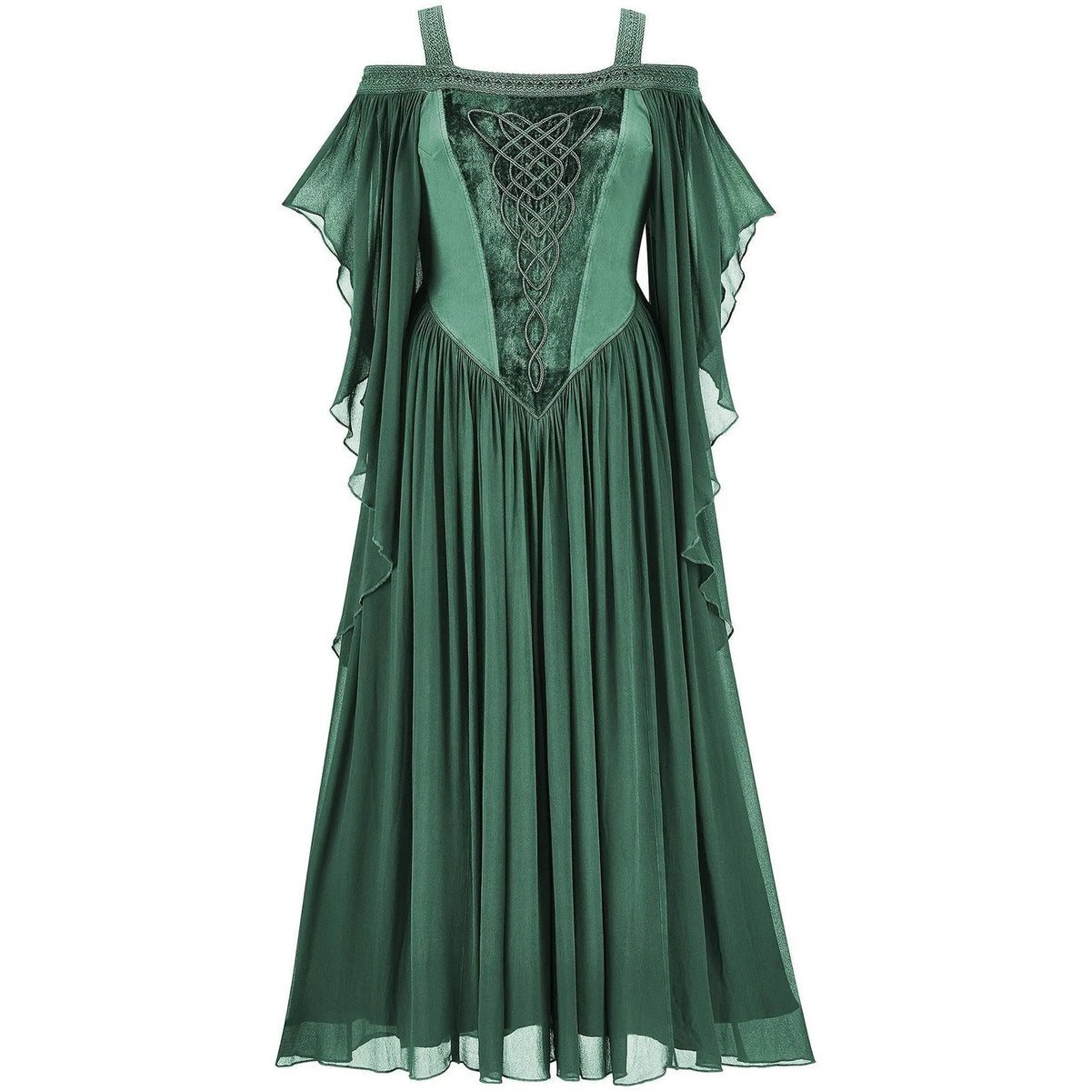 Ethereal Cold-Shoulder Fantasy Dress with Draped Sleeves and Corset Detailing