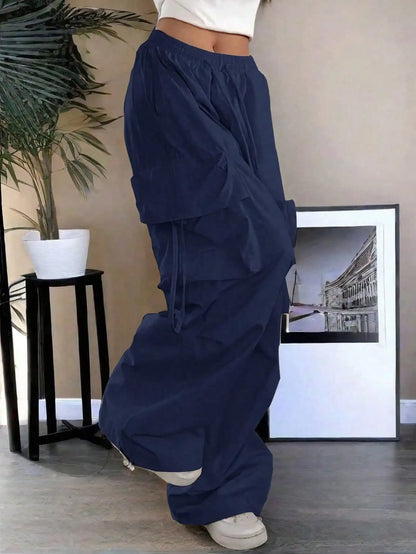 High Waist Cargo Pants with Flap Pockets Relaxed Wide Leg Streetwear Trousers