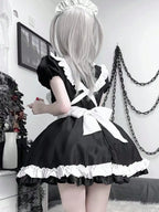 Women's Lace Trim Maid-Inspired Mini Dress with Apron and Puff Sleeve Design
