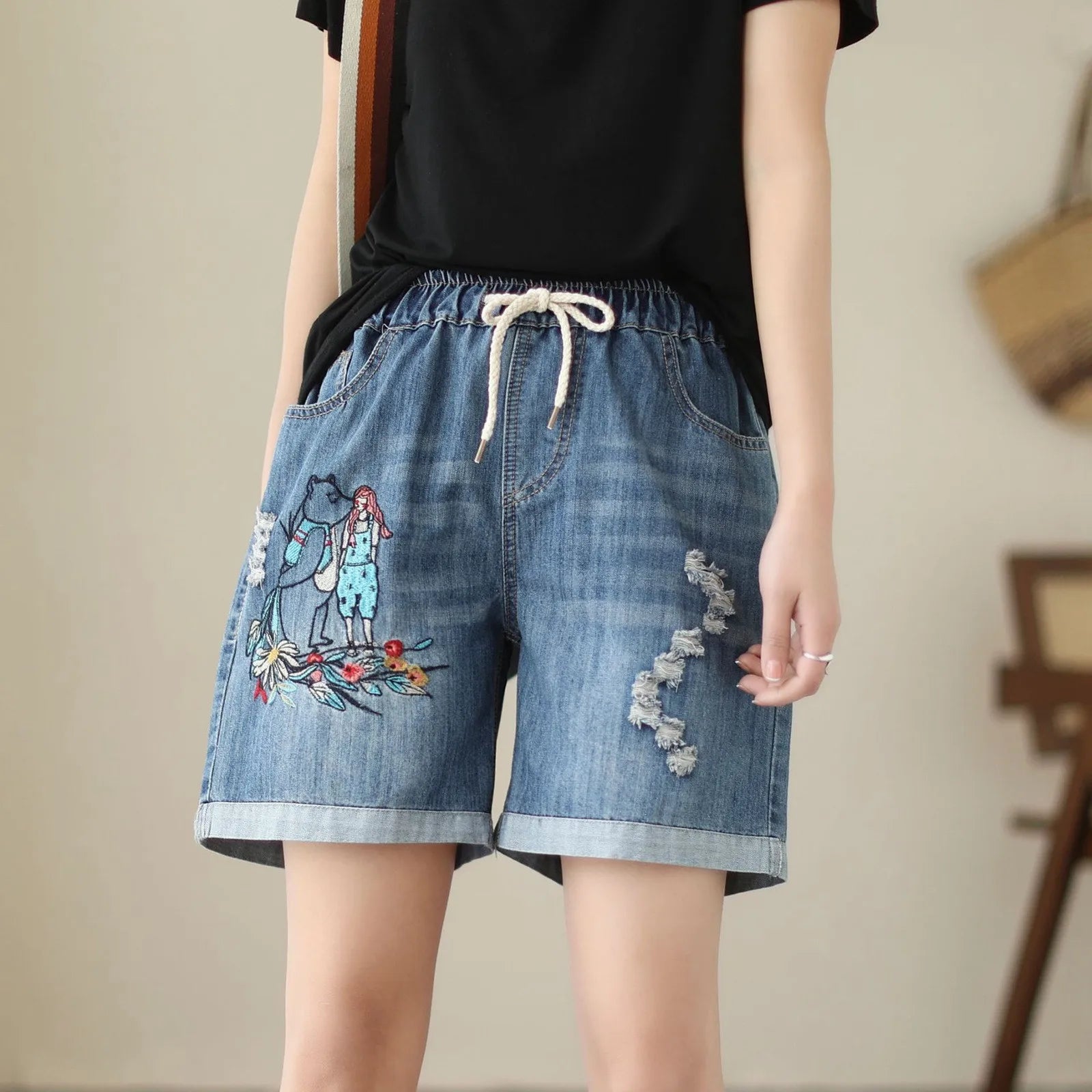 Women's Relaxed Denim Shorts with Drawstring Waist Embroidered Details and Casual Wide Leg Fit