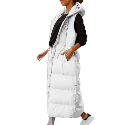 Women's Long Hooded Quilted Puffer Vest Relaxed Casual Winter Layering Outerwear