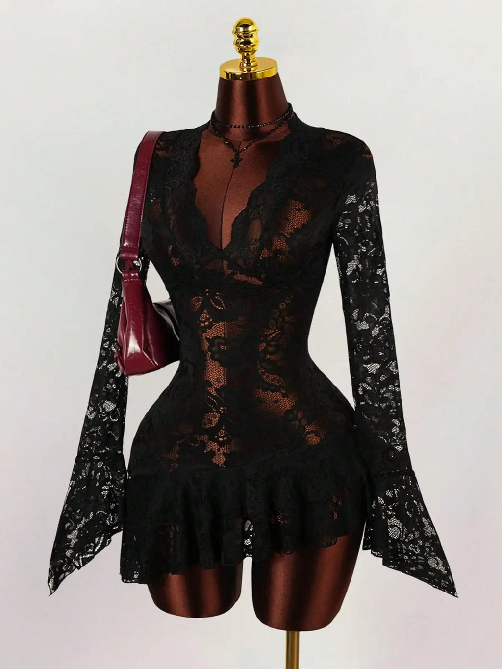 Sheer Lace Mini Dress with V-Neckline and Flared Sleeve Party Style