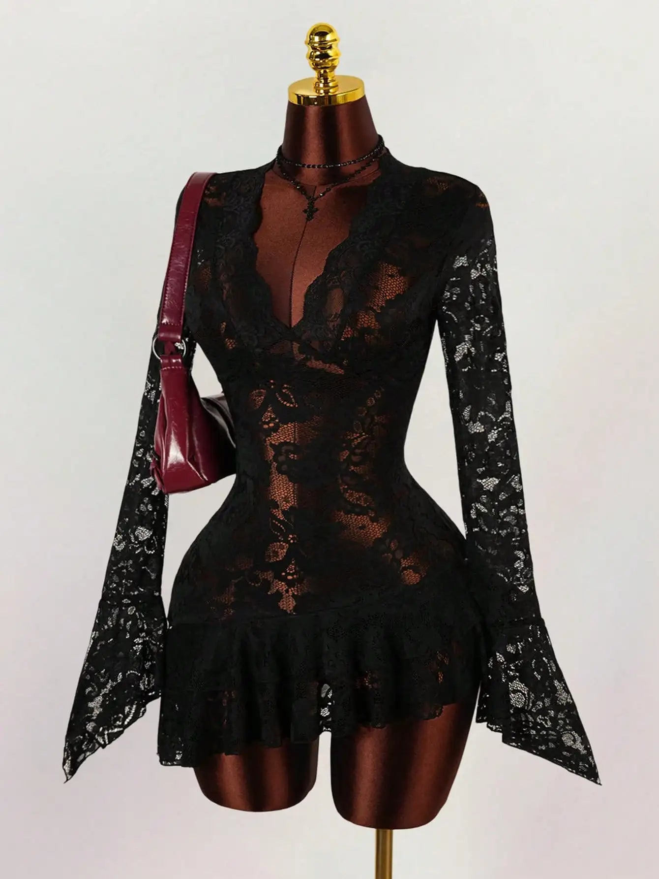 Sheer Lace Mini Dress with V-Neckline and Flared Sleeve Party Style