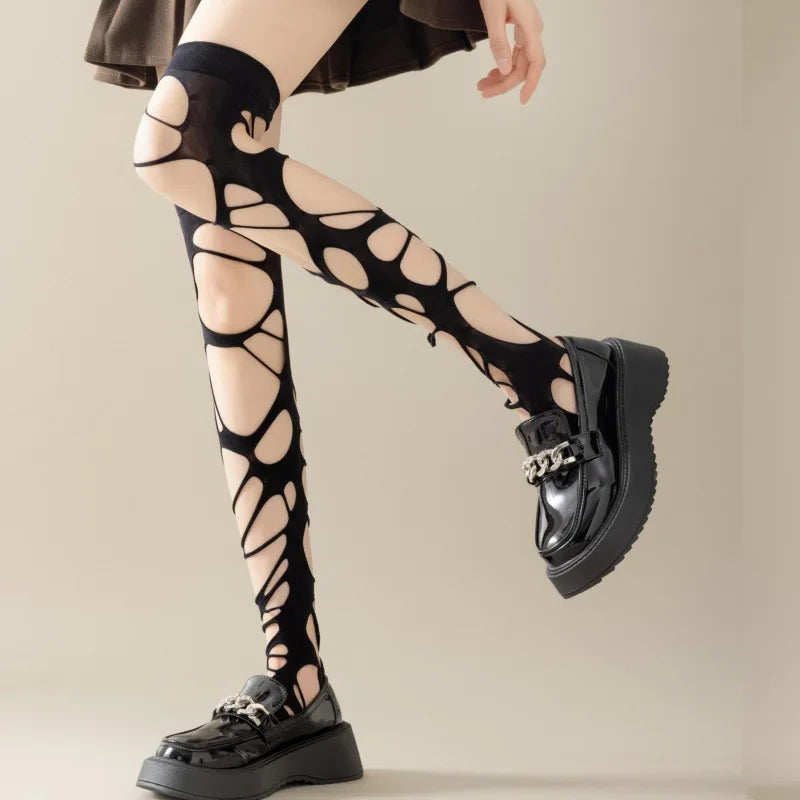 Crisscross Distressed Fishnet Pantyhose Punk Y2K Alternative Fashion Tights