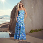 Strapless Floral Long Dress with Flowing A-Line Contemporary Silhouette