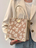 Floral Print Linen Tote Shoulder Bag with Button Closure Design