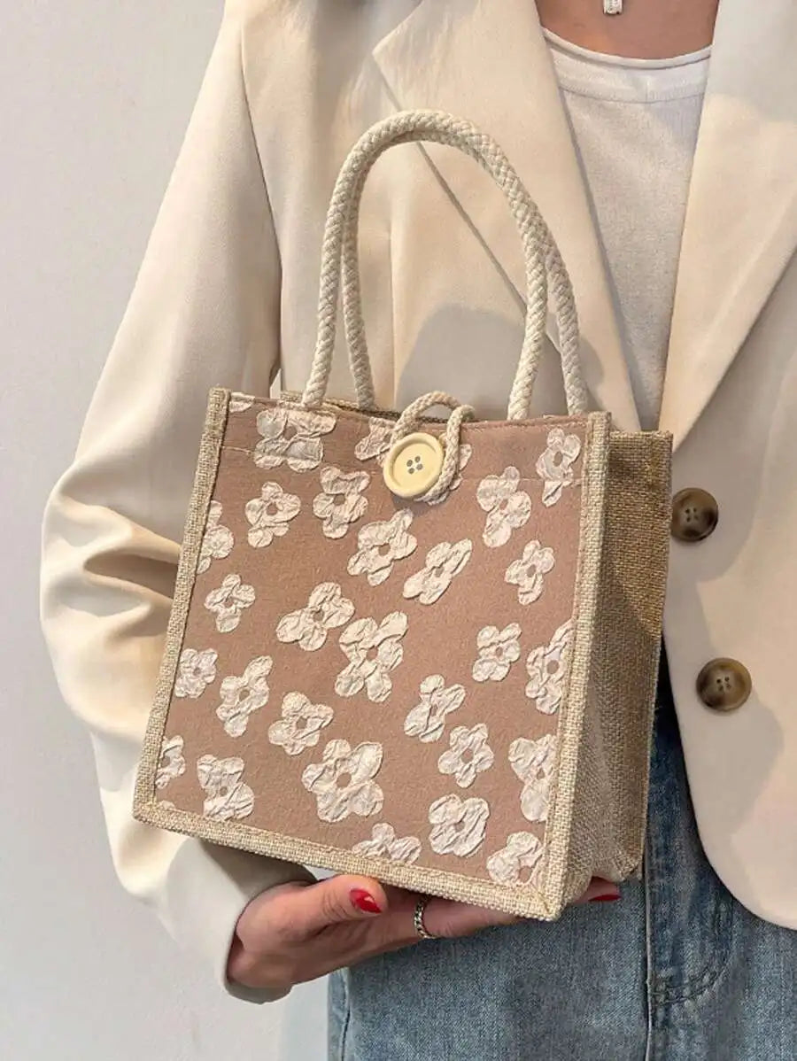 Floral Print Linen Tote Shoulder Bag with Button Closure Design