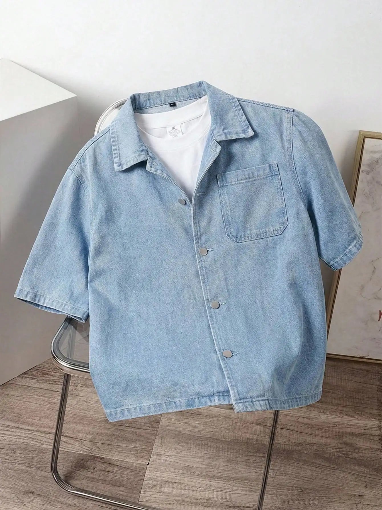 Oversized Washed Denim Button-Up Shirt Jacket with Utility Pocket Streetwear Design