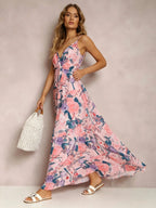 Romantic Watercolor Floral V-Neck Maxi Dress with Tie Waist
