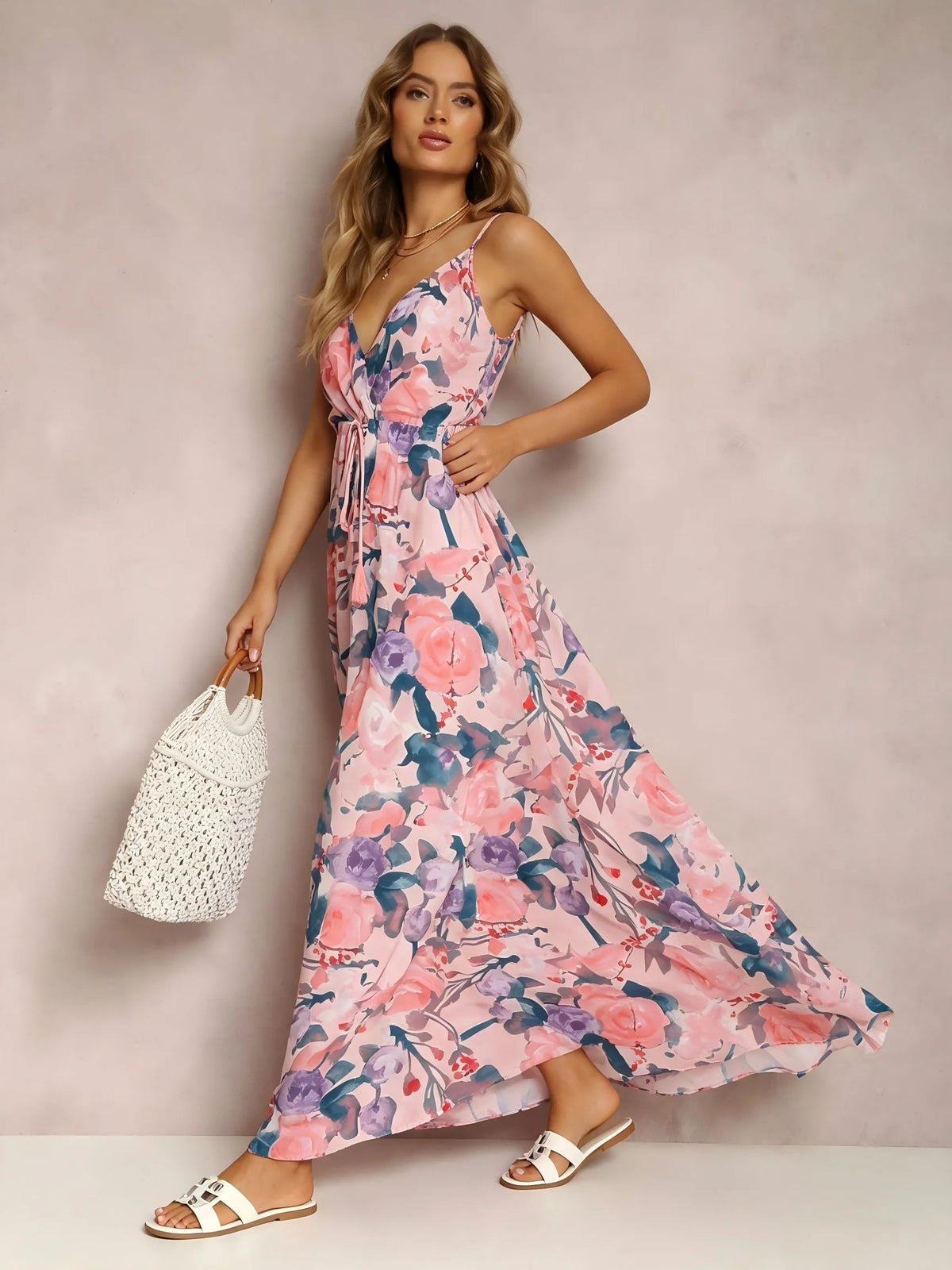 Romantic Watercolor Floral V-Neck Maxi Dress with Tie Waist
