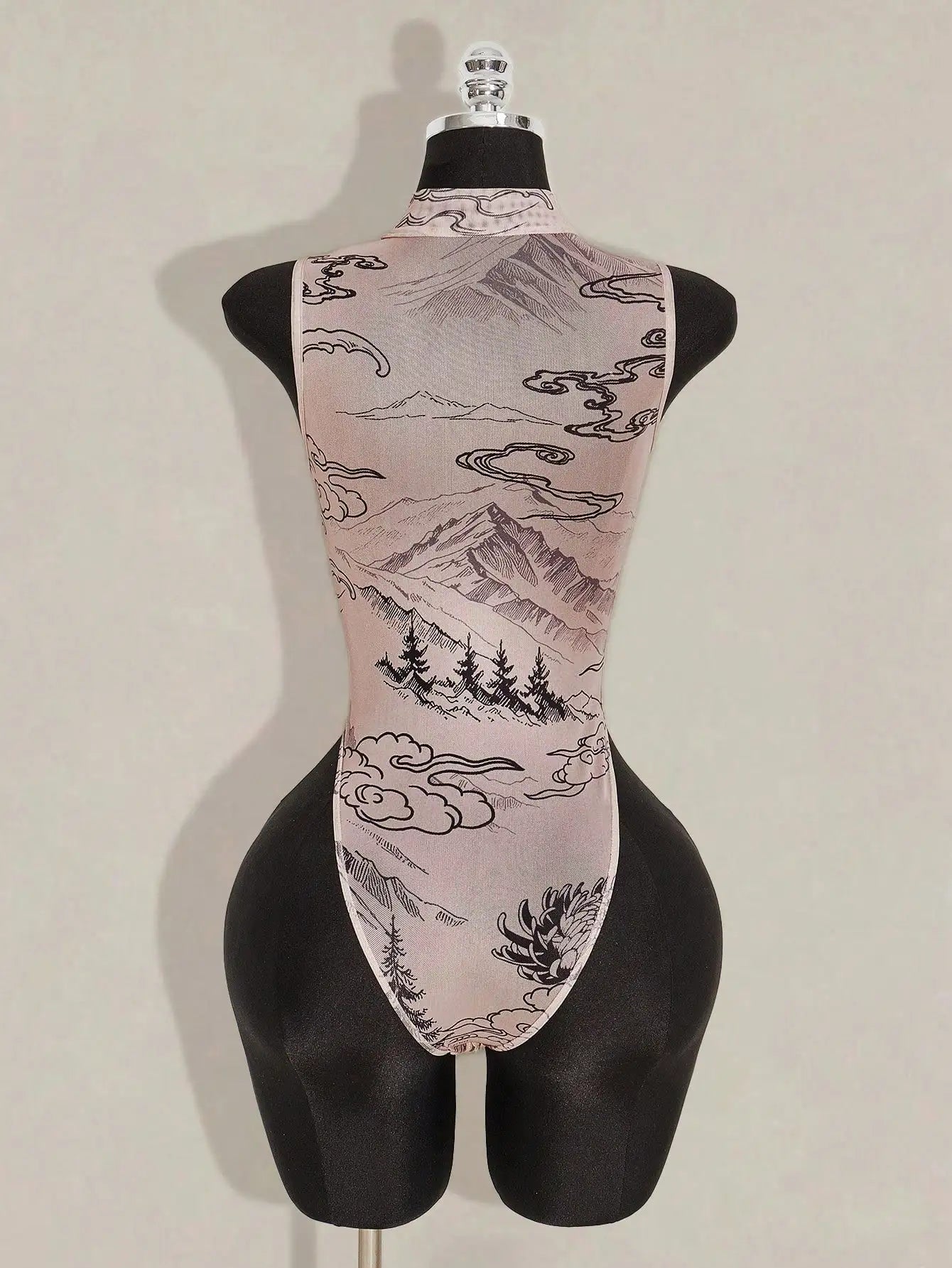 Sheer Printed Mesh High Neck Bodysuit for Gothic Alternative Fashion