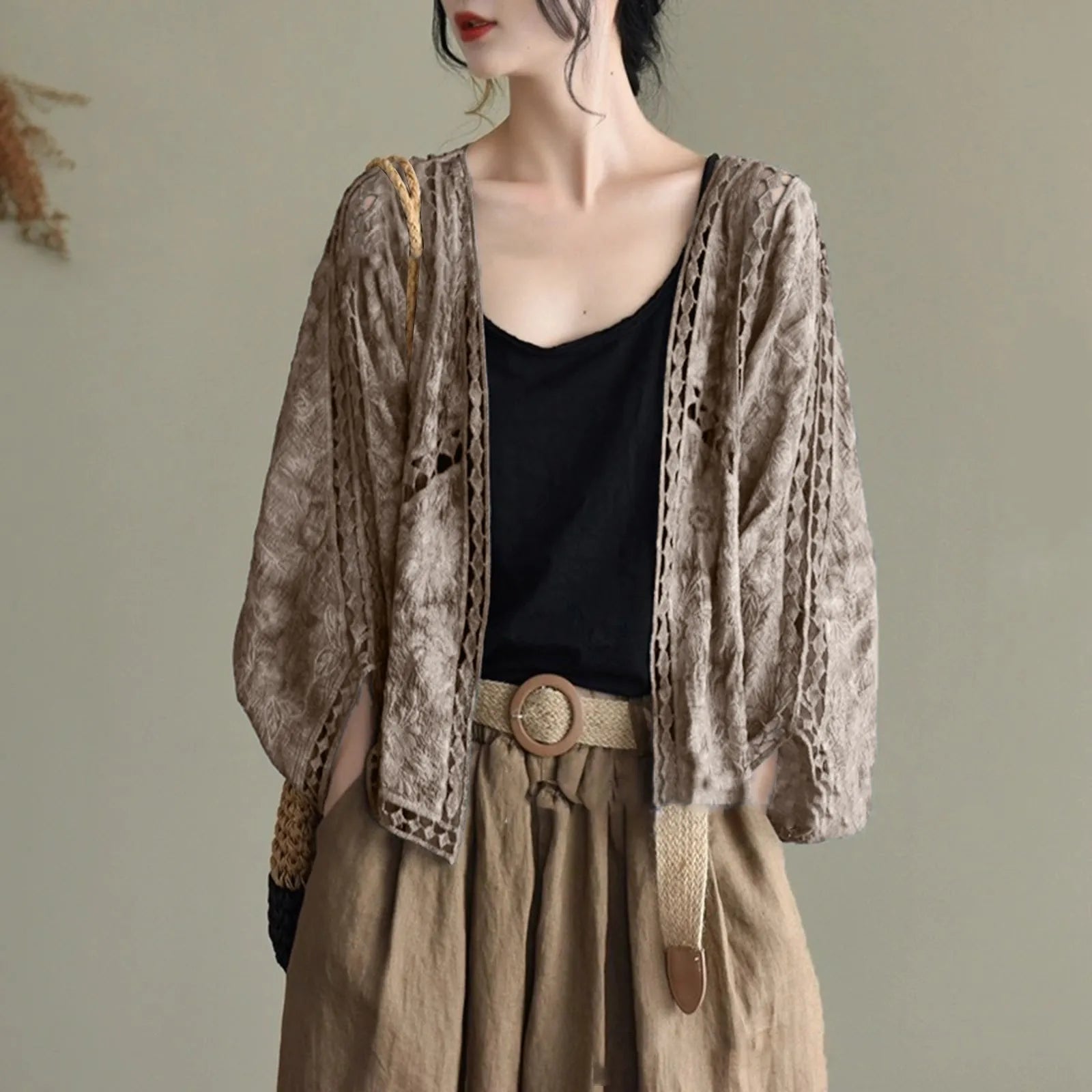 Women's Open Front Lightweight Knit Cardigan with Relaxed Three Quarter Sleeves