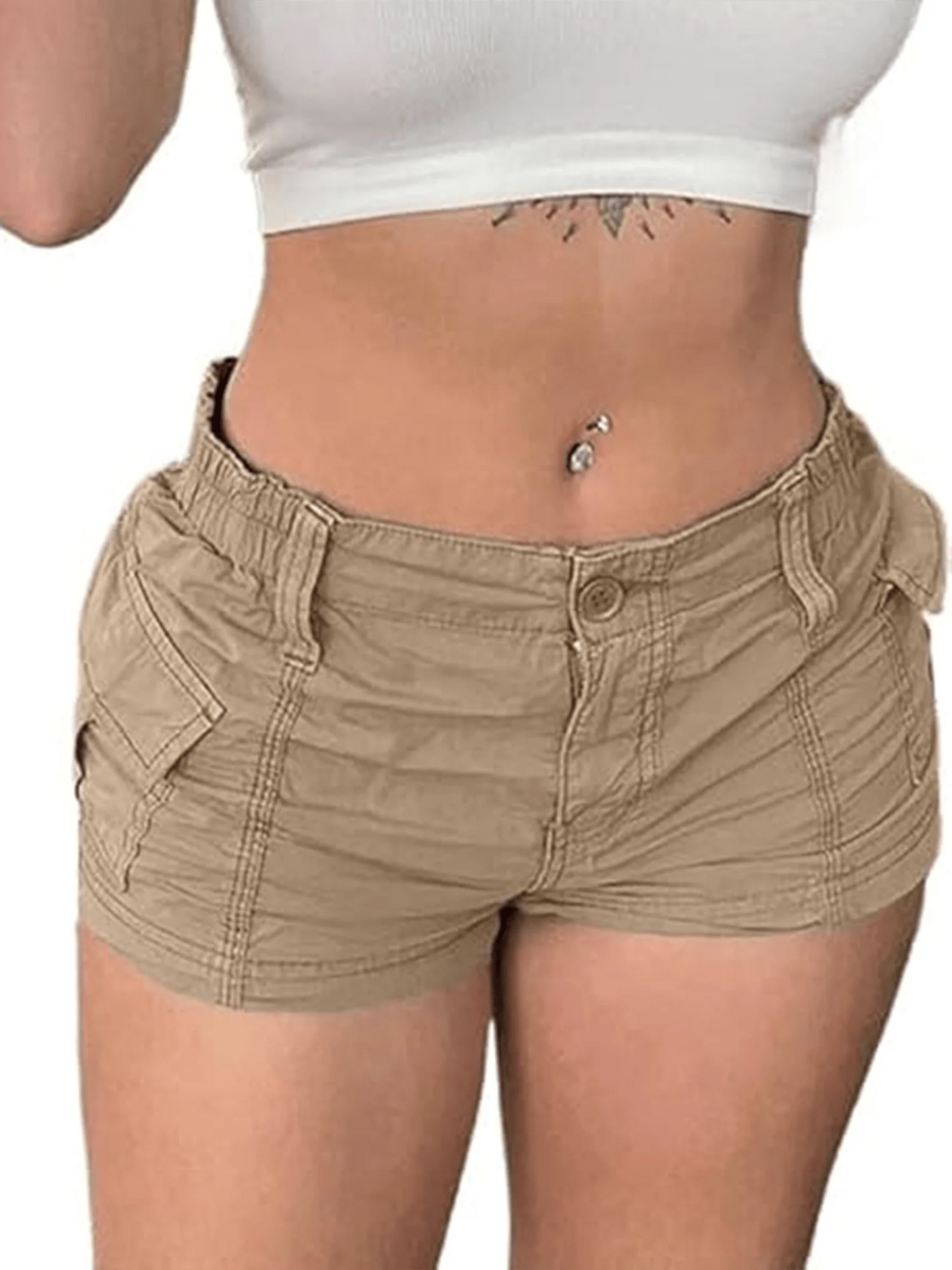 Women's Low Rise Cargo Shorts with Elastic Waist Utility Pockets and Relaxed Casual Fit