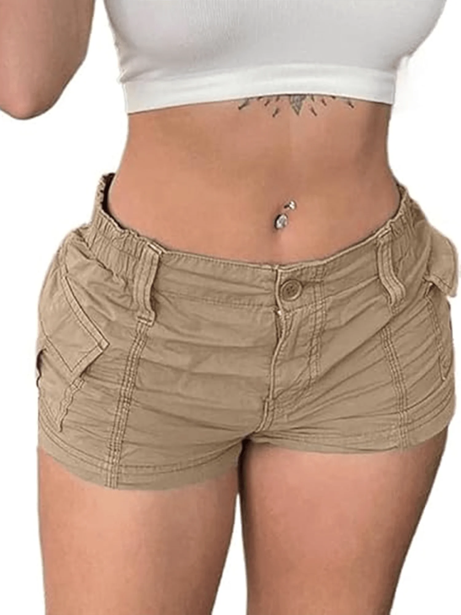 Women's Low Rise Cargo Shorts with Elastic Waist Utility Pockets and Relaxed Casual Fit