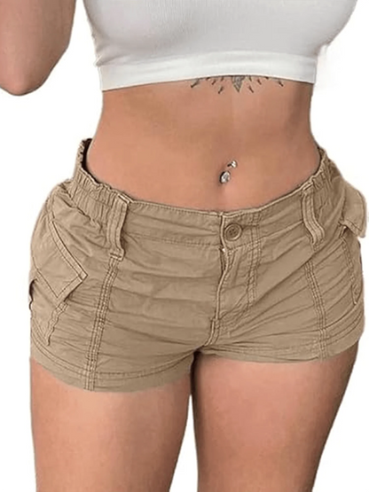 Women's Low Rise Cargo Shorts with Elastic Waist Utility Pockets and Relaxed Casual Fit