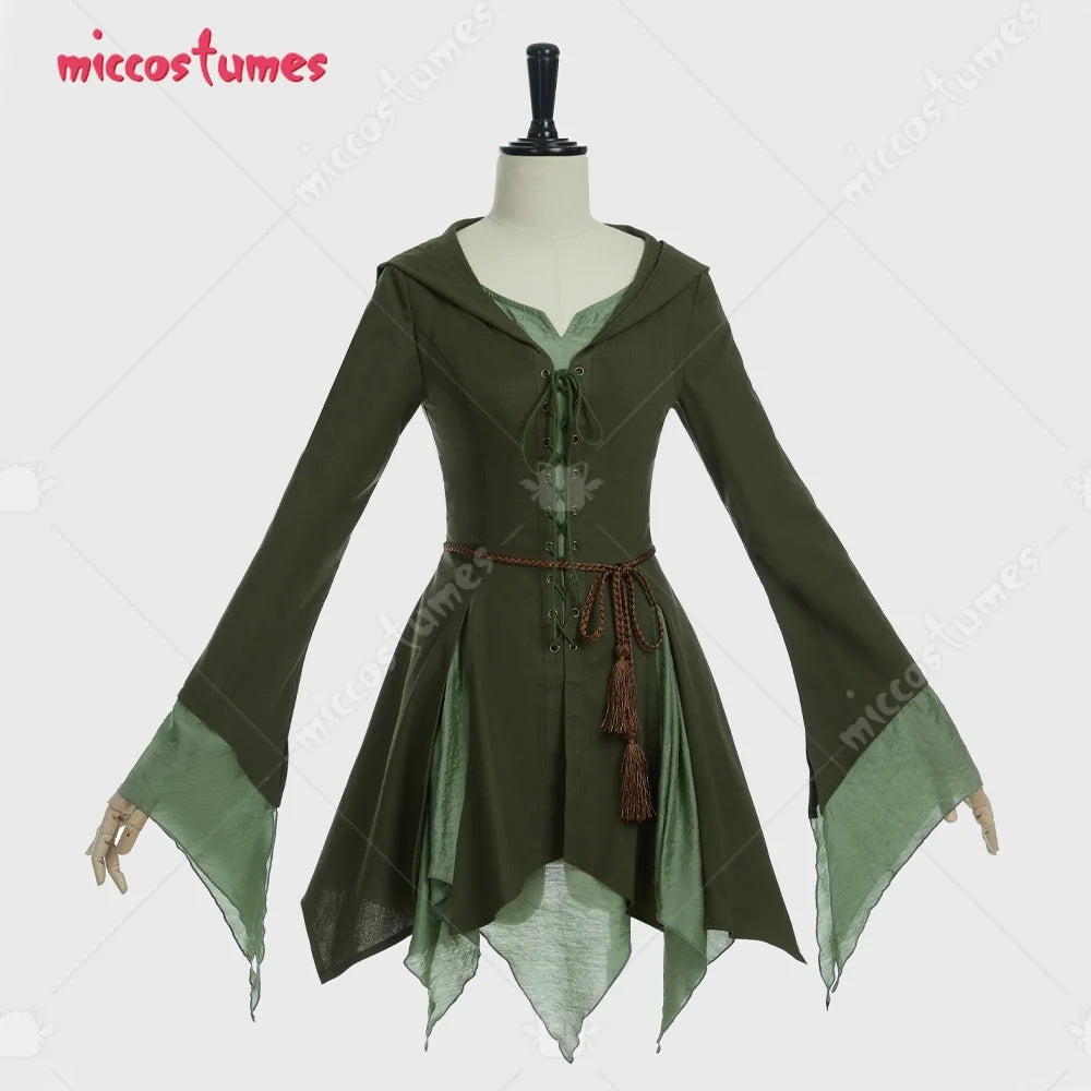 Women's Renaissance-Inspired Linen Blend Dress with Bell Sleeves and Adjustable Waist Belt