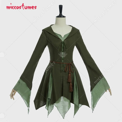 Women's Renaissance-Inspired Linen Blend Dress with Bell Sleeves and Adjustable Waist Belt