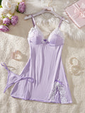 Lavender Lace-Trimmed Babydoll Nightdress with Matching Panty and Side Slit Detail