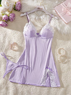 Lavender Lace-Trimmed Babydoll Nightdress with Matching Panty and Side Slit Detail