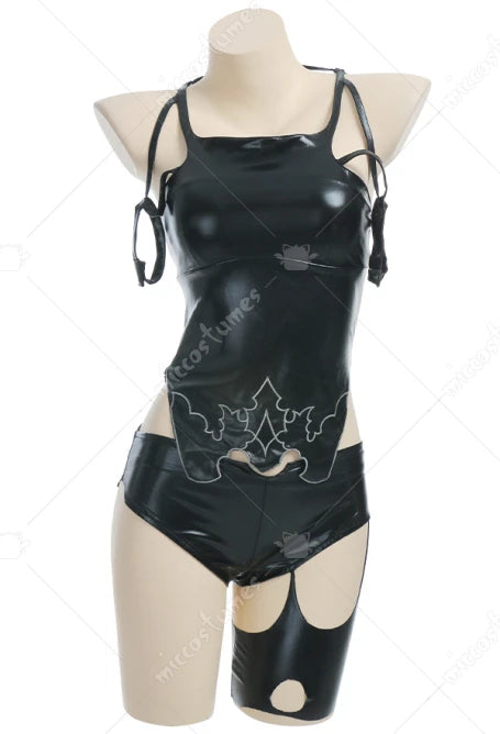 Contemporary High Gloss Strappy Cutout Bodysuit With Matching Over The Knee Statement Hosiery