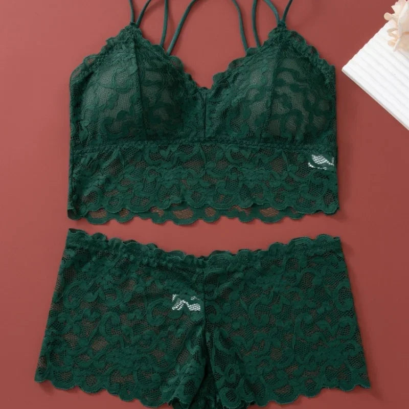 Floral Lace Longline Bralette and Coordinating Boyshort Set with Double Front Straps