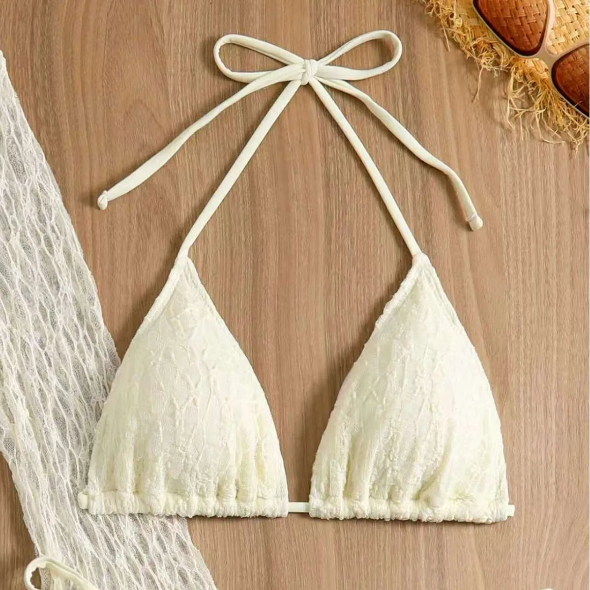 Four-Piece Cream Lace Resort Set with Triangle Bikini and Cover-Ups