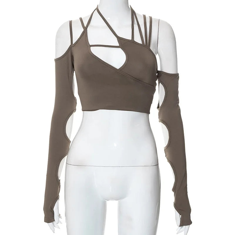 Strappy Cutout Halter Crop Top with Long Sleeves Contemporary Streetwear Style