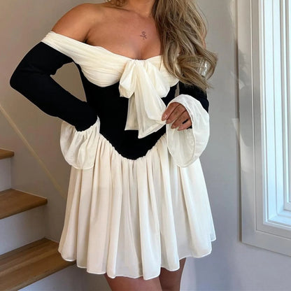 Off Shoulder Pleated Mini Dress with Flare Sleeves and Statement Silhouette