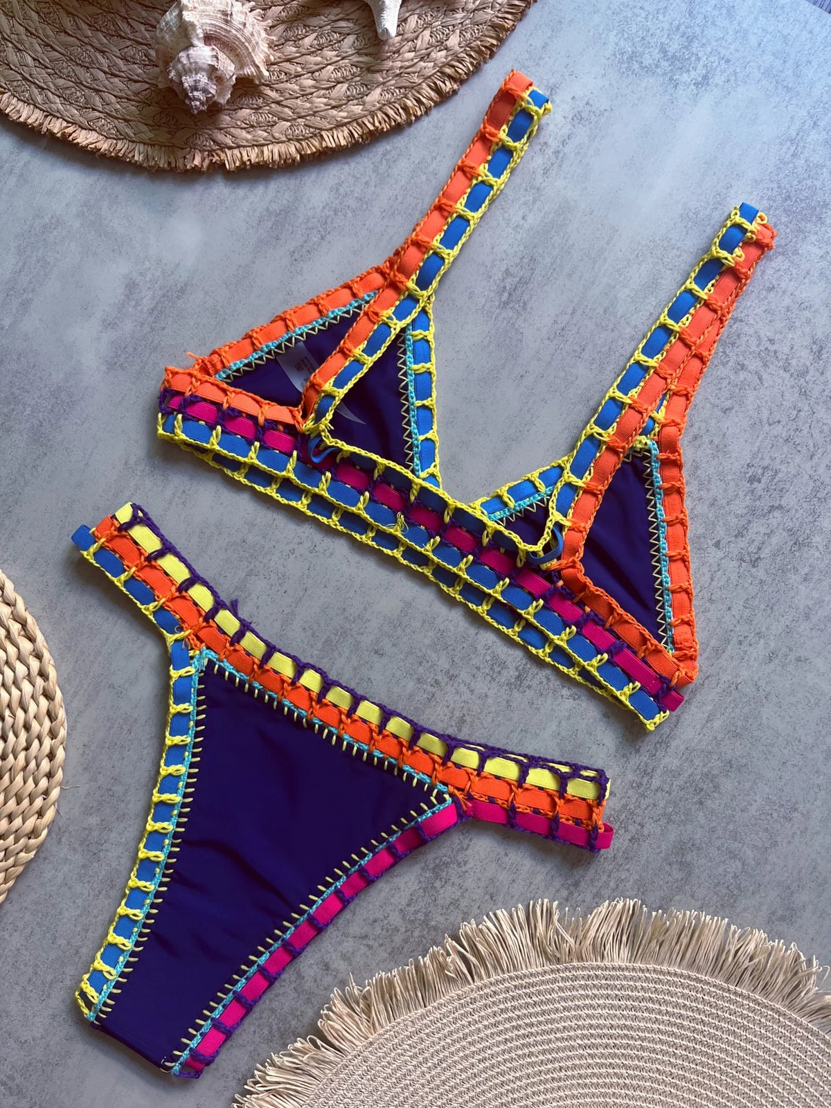 Deep Navy Scoop Neck Bikini Set with Vibrant Contrast Crochet Edging